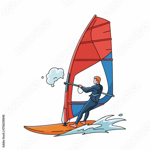 Windsurfer Riding with Bright Sail Vector Illustration