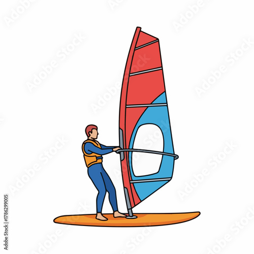 Windsurfer Riding with Bright Sail Vector Illustration