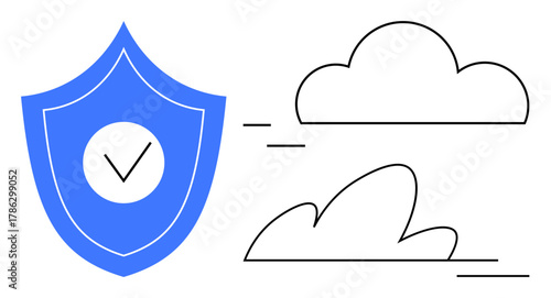 Blue shield with checkmark alongside outline clouds, symbolizing cloud safety, trust, online protection, and secure data storage. Ideal for cybersecurity, cloud computing, IT, privacy data handling