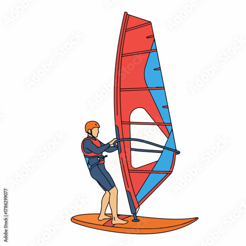 Windsurfer Riding with Bright Sail Vector Illustration