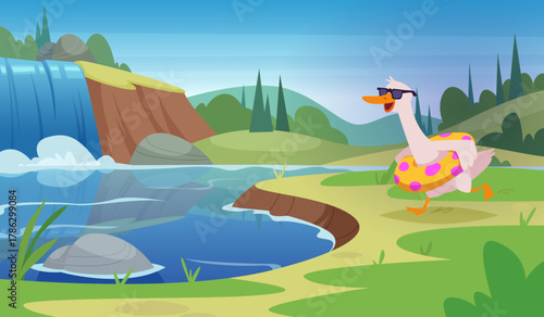 Goose. Cartoon outdoor background with cute funny duck or goose flying and walking exact vector template