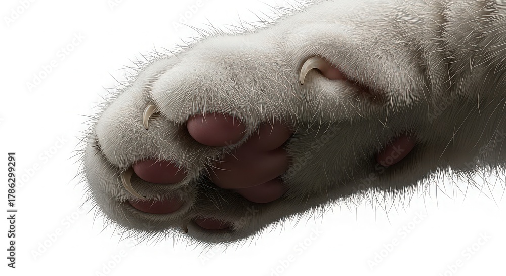 Fototapeta premium Closeup of a cats paw showing the pink paw pads and claws isolated on white background the fur is white and fluffy, and the paw is slightly angled