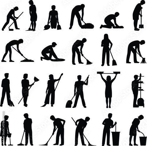 Cleaning activity silhouettes, people with tools, hygiene tasks, black shapes, household chores, janitorial work, silhouette illustration, sweeping motion, mopping pose, sanitation scene