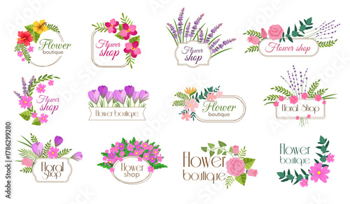 Floral badges. Design templates with decorative flowers and floral elements recent vector illustration with place for text