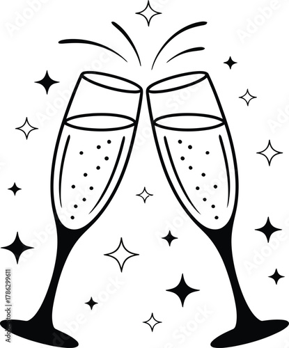 Elegant outline illustration of two champagne flutes clinking together in a celebratory toast, surrounded by festive sparkles and effervescent bubbles, perfect for new year, 
