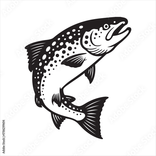 Black and white illustration of a leaping trout fish in a dynamic pose against a white background