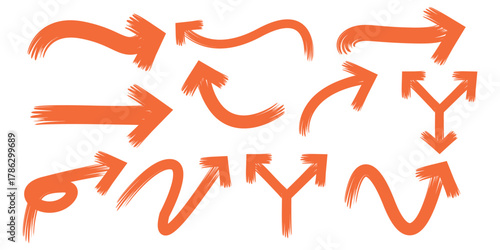 Hand-drawn orange brushstroke arrow set with varied directions and textured lines