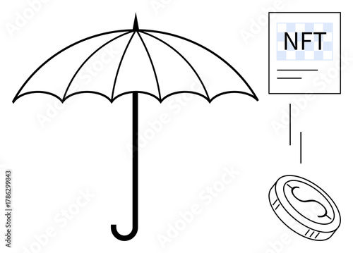 Umbrella symbolizing protection from risk, placed with NFT certificate and cryptocurrency coin. Ideal for digital security, blockchain, financial planning, risk management, technology, asset