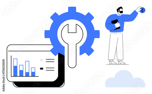 Gear and wrench overlaying analytics dashboard, professional adjusting settings, cloud element. Ideal for technology, cloud computing, data management, software tools, innovation, IT services