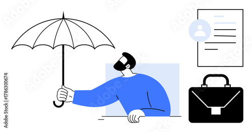 Person with umbrella symbolizing protection and security, nearby briefcase and document representing career, business, and personal security. Ideal for insurance, finance, risk management