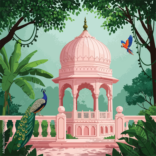 Pink indian pavilion with peacocks and parrots