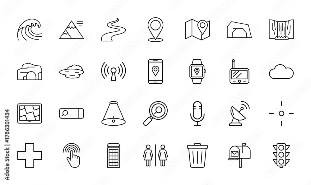 Fototapeta premium Diverse line icon set. Vector pictograms of wave, mountain, map, smartphone, microphone, satellite, restroom, and traffic light, thin linear illustration.