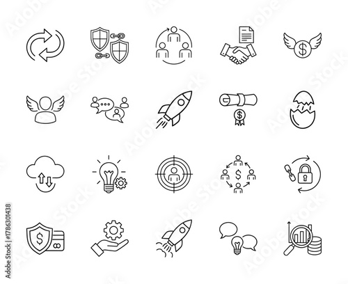 Business and technology line icon set. Vector pictograms of refresh, security, teamwork, agreement, finance, rocket, cloud, idea, target, and analysis, thin linear illustration.