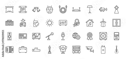 Media and entertainment line icon set. Vector pictograms of stage, sheet music, boombox, microphone, turntable, guitar, security camera, sound mixer, and trophy, thin linear illustration.