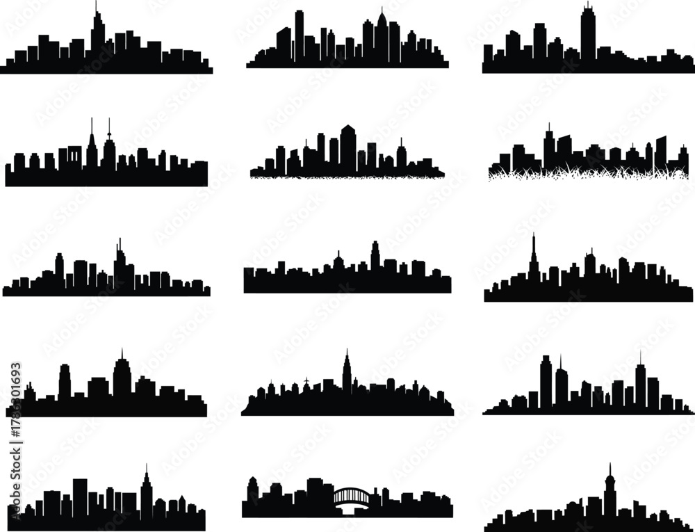 Naklejka premium Collection of City Skyline Silhouettes Set Against White Background for Design and Architectural Vis