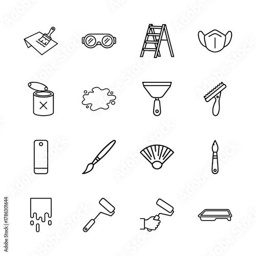 Painting and renovation line icon set. Vector pictograms of paintbrush, goggles, ladder, mask, paint can, putty knife, trowel, color card, paint roller, and tray, thin linear illustration.