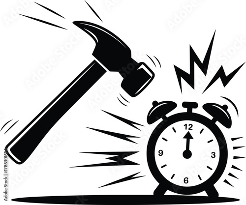 Hammer smashing a loud alarm clock to stop its ringing sound
