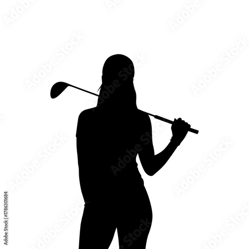 Silhouette of a woman golfer holding a club over her shoulder on a white background