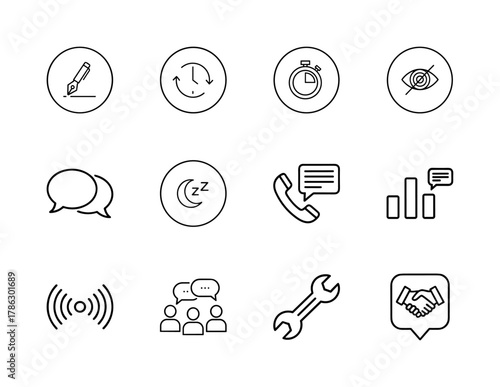 Business and utility line icon set. Vector pictograms of pen, refresh, stopwatch, invisible, chat, sleep, call, analytics, wifi, team, wrench, and handshake, thin linear illustration.