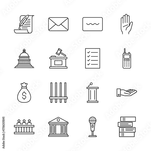 Legal and justice line icon set. Vector pictograms of quill, hand, capitol, gavel, checklist, money, jail, podium, jury, and books, thin linear illustration.