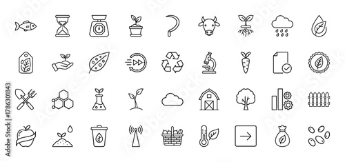 Agriculture line icon set. Vector pictograms of fish, scales, plants, roots, rain, recycle, microscope, carrot, barn, tree, apple, and seeds, thin linear illustration.
