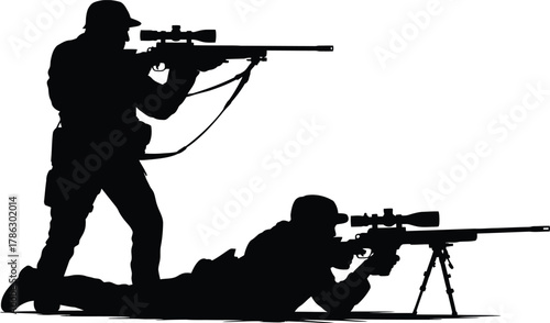 Two silhouetted snipers aiming rifles against a white background