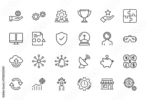 Business and technology line icon set. Vector pictograms of finance, management, achievement, security, data, communication, and commerce, thin linear illustration.