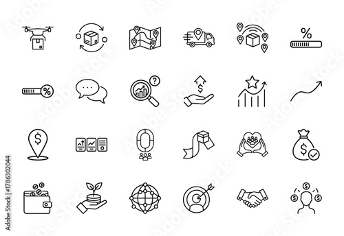 Business and finance line icon set. Vector pictograms of drone, package, map, truck, charts, wallet, handshake, target, network, and growth, thin linear illustration.