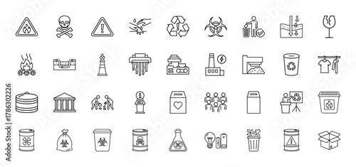 Environmental, industrial, and safety line icon set. Vector pictograms of hazards, recycling, waste, factory, biohazard, pollution, shredder, and sustainability, thin linear illustration.