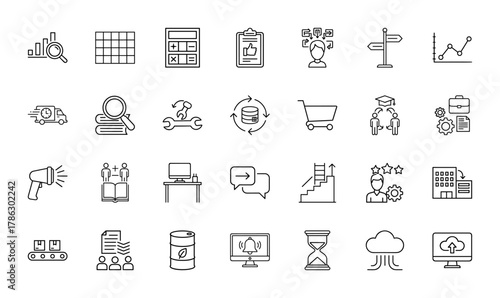 Business and data management line icon set. Vector pictograms of analysis, calculator, delivery, database, shopping, education, communication, growth, and cloud services, thin linear illustration.