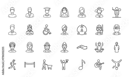 People and professions line icon set. Vector pictograms of diverse individuals, including graduates, brides, police, doctors, athletes, and musicians, thin linear illustration.