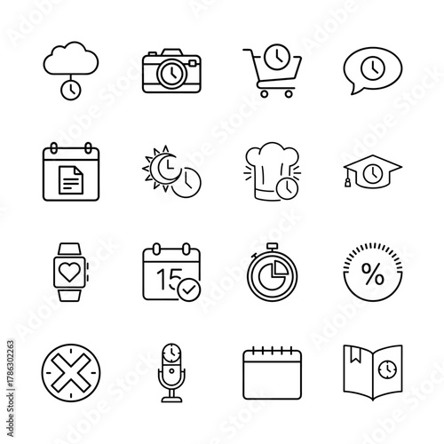 Time schedule line icon set. Vector pictograms of cloud, camera, cart, chat, calendar, chef, graduate, watch, stopwatch, thin linear illustration.