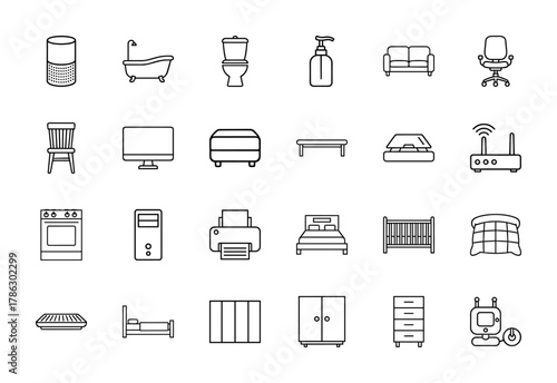 Home interior and smart device line icon set. Vector pictograms of smart speaker, bathtub, sofa, bed, monitor, printer, router, and oven, thin linear illustration.