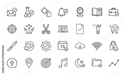 Essential UI line icon set. Vector pictograms of email, notification, book, briefcase, laptop, document, shopping cart, gear, calendar, cloud, padlock, and folder, thin linear illustration.