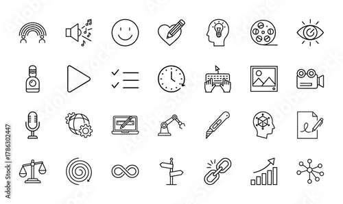 Creative business technology line icon set. Vector pictograms of rainbow, speaker, idea, film, checklist, clock, laptop, microphone, scales, chart, network, thin linear illustration.