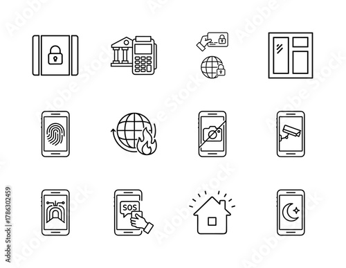 Digital security and smart technology line icon set. Vector pictograms of data encryption, global network threat, CCTV, SOS, and smart home control, thin linear illustration.