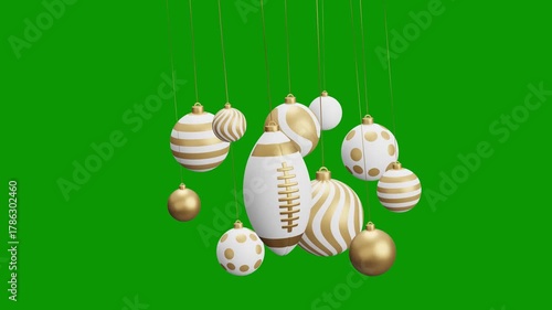 American Football Christmas hanging ball video 4k animation. Green screen Merry Christmas greeting card. Hang on a thread xmas ornament ball golden bauble on green horizontal background