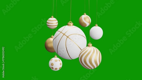 Basketball Christmas hanging ball video 4k animation. Green screen Merry Christmas greeting card. Hang on a thread xmas ornament ball golden bauble on green horizontal background