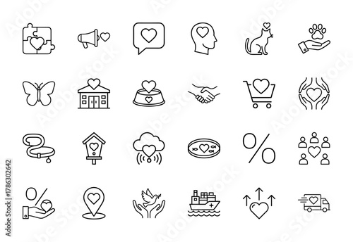 Charity and community line icon set. Vector pictograms of puzzle, megaphone, chat, pet, paw, shelter, handshake, shopping cart, heart hands, dove, ship, thin linear illustration.