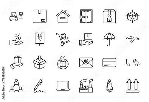 Delivery and logistics line icon set. Vector pictograms of forklift, packages, house, door, target, hand with percentage, hand truck, airplane, globe, factory, and rocket, thin linear illustration.