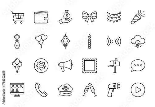 Universal line icon set. Vector pictograms of shopping cart, wallet, money, party, communication, technology, and settings, thin linear illustration.