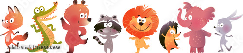 Playful Cartoon Animal Friends Fox, Crocodile, Bear, Raccoon, Lion, Elephant. Funny and cute wild baby animals clipart for children. Vector cartoon wildlife characters illustration collection for kids