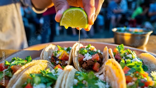 Hand Squeezing Fresh Lime Juice Over a Plate of Street Tacos at Sunset