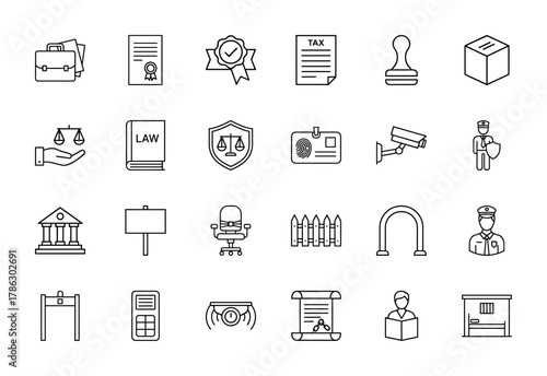 Law, justice, and security line icon set. Vector pictograms of briefcase, certificate, tax form, scales, security camera, guard, courthouse, and prison cell, thin linear illustration.