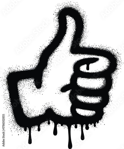 Graffiti spray paint thumbs up symbol dripping black ink on white background