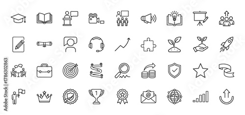 Business and education icon set. Vector pictograms of graduation cap, open book, speaker, megaphone, presentation, headset, plant, rocket, target, trophy, thin linear illustration.