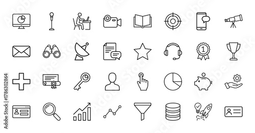 Technology, business, and communication line icon set. Vector pictograms of computer, microphone, camera, book, phone, charts, documents, key, and user, thin linear illustration.