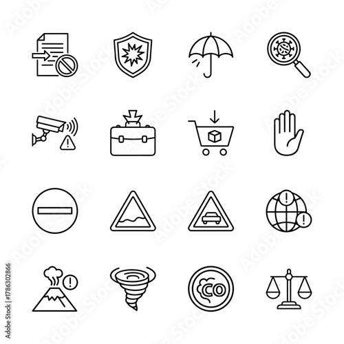 Warning and security line icon set. Vector pictograms of file prohibition, protection shield, virus search, CCTV alert, stop hand, road signs, natural disaster, and scales, thin linear illustration.