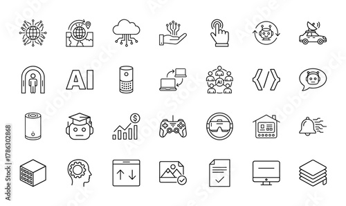 Artificial intelligence technology line icon set. Vector pictograms of global network, cloud computing, smart speaker, robot, VR headset, and machine learning, thin linear illustration.