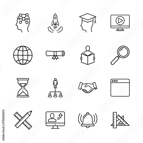 Education and business line icon set. Vector pictograms of mind, rocket, graduation, globe, diploma, book, team, and handshake, thin linear illustration.